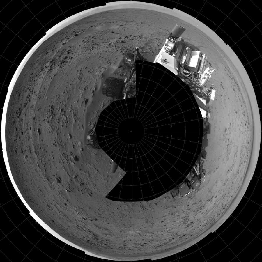 NASA's Mars rover Curiosity took 17 images in Gale Crater using its mast-mounted Left Navigation Camera (Navcam) to create this mosaic. The seam-corrected mosaic provides a polar stereographic projection panorama of the Martian surface with 0 degrees azimuth (measured clockwise from north) at the top of the image. Curiosity took the images on July 14, 2013, Sol 333 of the Mars Science Laboratory mission at drive 0, site number 8. The local mean solar time for the image exposures was 4 PM. Each Navcam image has a 45-degree field of view. CREDIT: NASA/JPL-Caltech