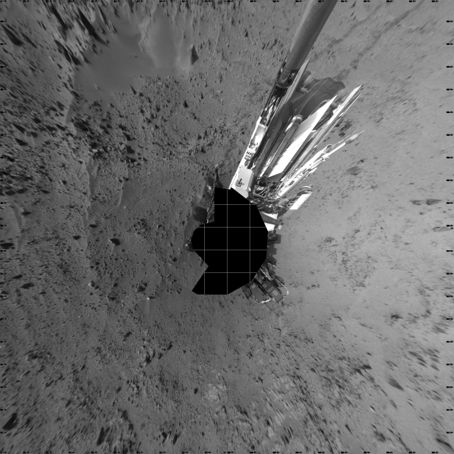 NASA's Mars rover Curiosity took 17 images in Gale Crater using its mast-mounted Left Navigation Camera (Navcam) to create this mosaic. The seam-corrected mosaic provides a vertical projection of the Martian surface near the rover, covering an area of 20 meters (north/south) by 20 meters (east/west). North is up in the image. This projection provides an overhead view, but introduces distortion for items not on the surface, such as large rocks and the rover itself.  Curiosity took the images on July 14, 2013, Sol 333 of the Mars Science Laboratory mission at drive 0, site number 8. The local mean solar time for the image exposures was 4 PM. Each Navcam image has a 45-degree field of view. CREDIT: NASA/JPL-Caltech
