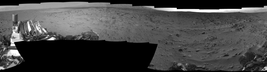 NASA's Mars rover Curiosity took 17 images in Gale Crater using its mast-mounted Right Navigation Camera (Navcam) to create this mosaic. The seam-corrected mosaic provides a 0-degree cylindrical-perspective projection panorama of the Martian surface suitable for stereo viewing, centered at 155 degrees azimuth (measured clockwise from north). This single-eye view must be combined with the partner left image to be viewed in stereo.  Curiosity took the images on July 14, 2013, Sol 333 of the Mars Science Laboratory mission at drive 0, site number 8. The local mean solar time for the image exposures was 4 PM. Each Navcam image has a 45-degree field of view. CREDIT: NASA/JPL-Caltech
