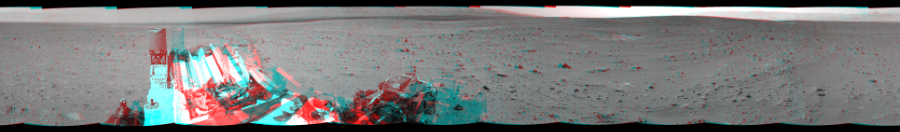 NASA's Mars rover Curiosity took 12 image pairs in Gale Crater using its mast-mounted Navigation Camera (Navcam) to create this mosaic. The seam-corrected mosaic provides a 360-degree cylindrical perspective projection panorama of the Martian surface suitable for stereo viewing, centered at 297 degrees azimuth (measured clockwise from north). This anaglyph must be viewed with red/blue glasses (red over left eye).  Curiosity took the images on July 22, 2013, Sol 340 of the Mars Science Laboratory mission at drive 0, site number 9. The local mean solar time for the image exposures was 3 PM. Each Navcam image has a 45-degree field of view. CREDIT: NASA/JPL-Caltech