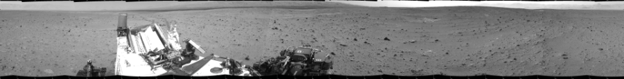 NASA's Mars rover Curiosity took 12 images in Gale Crater using its mast-mounted Left Navigation Camera (Navcam) to create this mosaic. The seam-corrected mosaic provides a 360-degree cylindrical projection panorama of the Martian surface centered at 180 degrees azimuth (measured clockwise from north). Curiosity took the images on July 22, 2013, Sol 340 of the Mars Science Laboratory mission at drive 0, site number 9. The local mean solar time for the image exposures was 3 PM. Each Navcam image has a 45 degree field of view. CREDIT: NASA/JPL-Caltech
