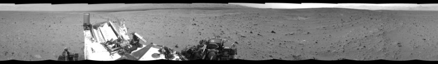 NASA's Mars rover Curiosity took 12 images in Gale Crater using its mast-mounted Left Navigation Camera (Navcam) to create this mosaic. The seam-corrected mosaic provides a 360-degree cylindrical-perspective projection panorama of the Martian surface suitable for stereo viewing, centered at 297 degrees azimuth (measured clockwise from north). This single-eye view must be combined with the partner right image to be viewed in stereo.  Curiosity took the images on July 22, 2013, Sol 340 of the Mars Science Laboratory mission at drive 0, site number 9. The local mean solar time for the image exposures was 3 PM. Each Navcam image has a 45-degree field of view. CREDIT: NASA/JPL-Caltech