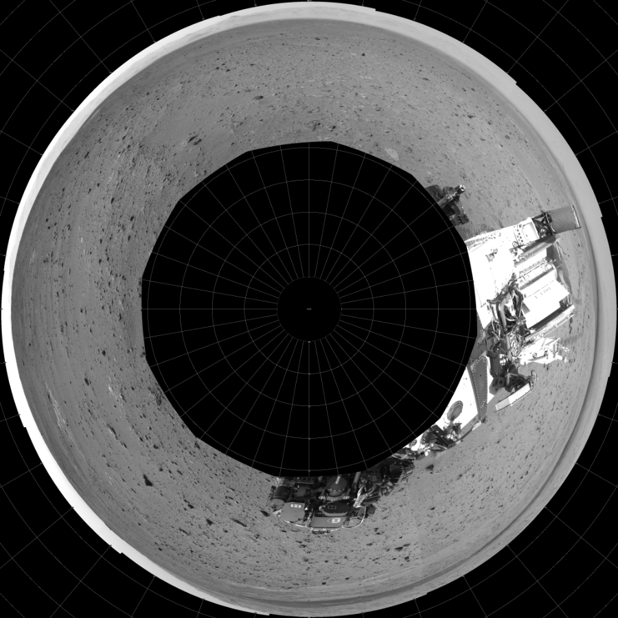 NASA's Mars rover Curiosity took 12 images in Gale Crater using its mast-mounted Left Navigation Camera (Navcam) to create this mosaic. The seam-corrected mosaic provides a polar stereographic projection panorama of the Martian surface with 0 degrees azimuth (measured clockwise from north) at the top of the image. Curiosity took the images on July 22, 2013, Sol 340 of the Mars Science Laboratory mission at drive 0, site number 9. The local mean solar time for the image exposures was 3 PM. Each Navcam image has a 45-degree field of view. CREDIT: NASA/JPL-Caltech