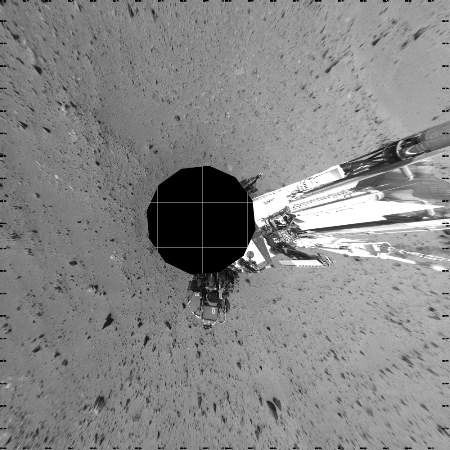 NASA's Mars rover Curiosity took 12 images in Gale Crater using its mast-mounted Left Navigation Camera (Navcam) to create this mosaic. The seam-corrected mosaic provides a vertical projection of the Martian surface near the rover, covering an area of 20 meters (north/south) by 20 meters (east/west). North is up in the image. This projection provides an overhead view, but introduces distortion for items not on the surface, such as large rocks and the rover itself.  Curiosity took the images on July 22, 2013, Sol 340 of the Mars Science Laboratory mission at drive 0, site number 9. The local mean solar time for the image exposures was 3 PM. Each Navcam image has a 45-degree field of view. CREDIT: NASA/JPL-Caltech