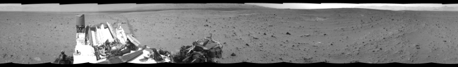 NASA's Mars rover Curiosity took 12 images in Gale Crater using its mast-mounted Right Navigation Camera (Navcam) to create this mosaic. The seam-corrected mosaic provides a 360-degree cylindrical-perspective projection panorama of the Martian surface suitable for stereo viewing, centered at 293 degrees azimuth (measured clockwise from north). This single-eye view must be combined with the partner left image to be viewed in stereo.  Curiosity took the images on July 22, 2013, Sol 340 of the Mars Science Laboratory mission at drive 0, site number 9. The local mean solar time for the image exposures was 3 PM. Each Navcam image has a 45-degree field of view. CREDIT: NASA/JPL-Caltech
