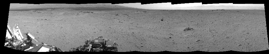 NASA's Mars rover Curiosity took 8 images in Gale Crater using its mast-mounted Left Navigation Camera (Navcam) to create this mosaic. The seam-corrected mosaic provides a 264-degree cylindrical-perspective projection panorama of the Martian surface suitable for stereo viewing, centered at 332 degrees azimuth (measured clockwise from north). This single-eye view must be combined with the partner right image to be viewed in stereo.  Curiosity took the images on July 26, 2013, Sol 344 of the Mars Science Laboratory mission at drive 0, site number 10. The local mean solar time for the image exposures was from 2 PM to 3 PM. Each Navcam image has a 45-degree field of view. CREDIT: NASA/JPL-Caltech