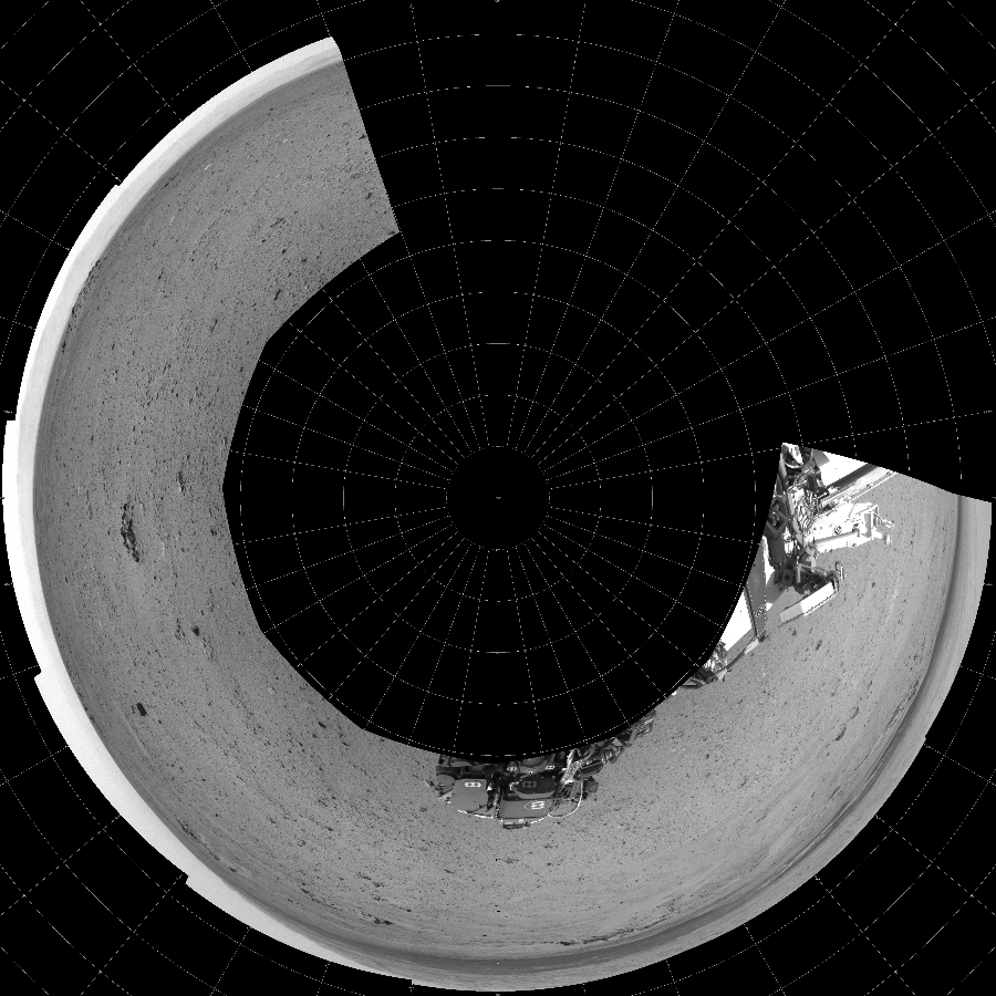 NASA's Mars rover Curiosity took 8 images in Gale Crater using its mast-mounted Left Navigation Camera (Navcam) to create this mosaic. The seam-corrected mosaic provides a polar stereographic projection panorama of the Martian surface with 0 degrees azimuth (measured clockwise from north) at the top of the image. Curiosity took the images on July 26, 2013, Sol 344 of the Mars Science Laboratory mission at drive 0, site number 10. The local mean solar time for the image exposures was from 2 PM to 3 PM. Each Navcam image has a 45-degree field of view. CREDIT: NASA/JPL-Caltech