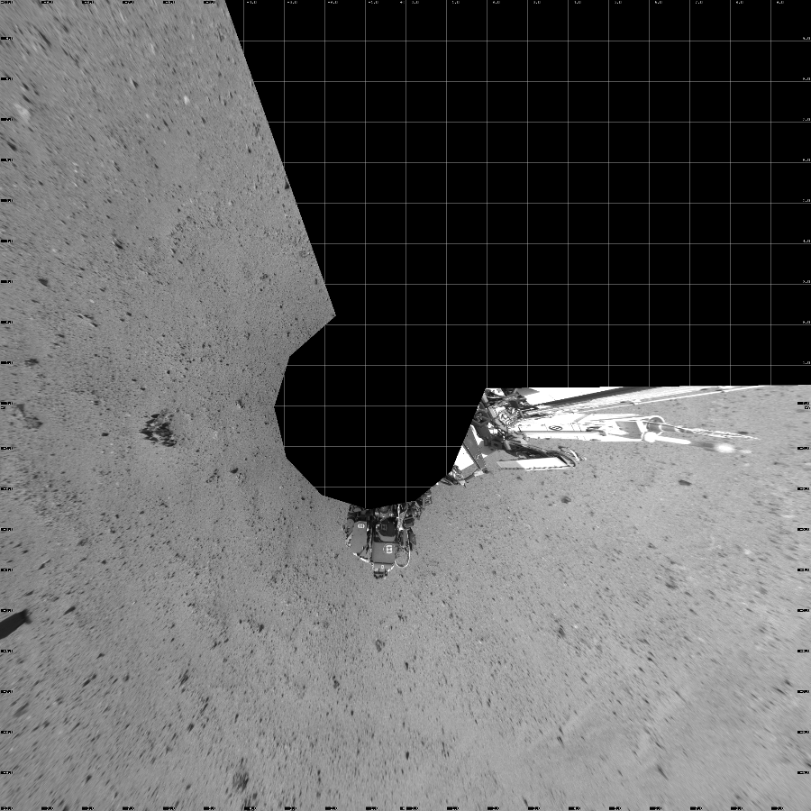 NASA's Mars rover Curiosity took 8 images in Gale Crater using its mast-mounted Left Navigation Camera (Navcam) to create this mosaic. The seam-corrected mosaic provides a vertical projection of the Martian surface near the rover, covering an area of 20 meters (north/south) by 20 meters (east/west). North is up in the image. This projection provides an overhead view, but introduces distortion for items not on the surface, such as large rocks and the rover itself.  Curiosity took the images on July 26, 2013, Sol 344 of the Mars Science Laboratory mission at drive 0, site number 10. The local mean solar time for the image exposures was from 2 PM to 3 PM. Each Navcam image has a 45-degree field of view. CREDIT: NASA/JPL-Caltech