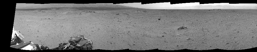 NASA's Mars rover Curiosity took 8 images in Gale Crater using its mast-mounted Right Navigation Camera (Navcam) to create this mosaic. The seam-corrected mosaic provides a 264-degree cylindrical-perspective projection panorama of the Martian surface suitable for stereo viewing, centered at 325 degrees azimuth (measured clockwise from north). This single-eye view must be combined with the partner left image to be viewed in stereo.  Curiosity took the images on July 26, 2013, Sol 344 of the Mars Science Laboratory mission at drive 0, site number 10. The local mean solar time for the image exposures was from 2 PM to 3 PM. Each Navcam image has a 45-degree field of view. CREDIT: NASA/JPL-Caltech
