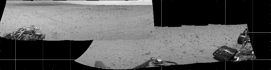 NASA's Mars rover Curiosity took 10 images in Gale Crater using its mast-mounted Left Navigation Camera (Navcam) to create this mosaic. The seam-corrected mosaic provides a 297-degree cylindrical projection panorama of the Martian surface centered at 282 degrees azimuth (measured clockwise from north). Curiosity took the images on July 27, 2013, Sol 345 of the Mars Science Laboratory mission at drive 288, site number 10. The local mean solar time for the image exposures was 1 PM. Each Navcam image has a 45 degree field of view. CREDIT: NASA/JPL-Caltech