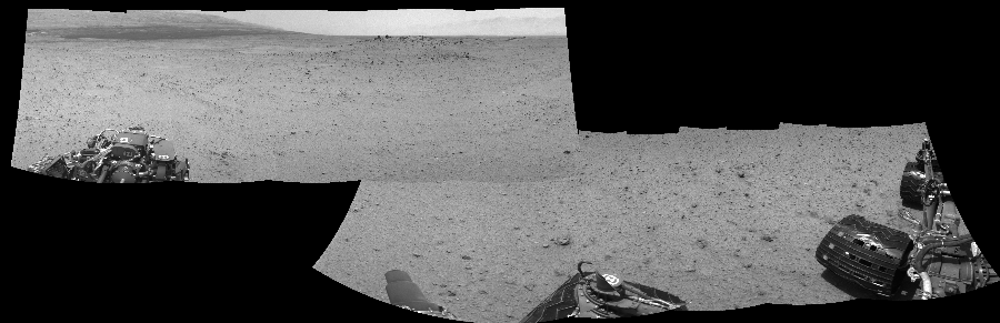 NASA's Mars rover Curiosity took 10 images in Gale Crater using its mast-mounted Left Navigation Camera (Navcam) to create this mosaic. The seam-corrected mosaic provides a 297-degree cylindrical-perspective projection panorama of the Martian surface suitable for stereo viewing, centered at 45 degrees azimuth (measured clockwise from north). This single-eye view must be combined with the partner right image to be viewed in stereo. Curiosity took the images on July 27, 2013, Sol 345 of the Mars Science Laboratory mission at drive 288, site number 10. The local mean solar time for the image exposures was 1 PM. Each Navcam image has a 45-degree field of view. CREDIT: NASA/JPL-Caltech