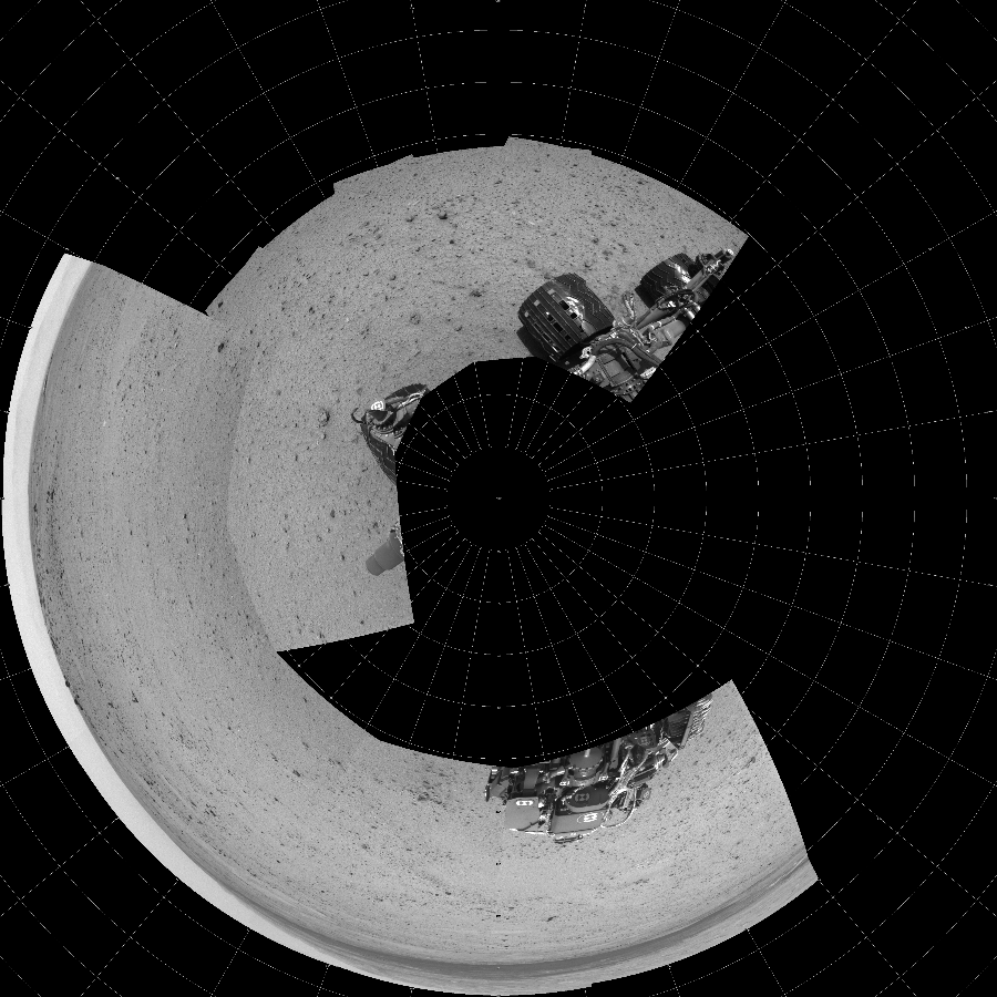 NASA's Mars rover Curiosity took 10 images in Gale Crater using its mast-mounted Left Navigation Camera (Navcam) to create this mosaic. The seam-corrected mosaic provides a polar stereographic projection panorama of the Martian surface with 0 degrees azimuth (measured clockwise from north) at the top of the image. Curiosity took the images on July 27, 2013, Sol 345 of the Mars Science Laboratory mission at drive 288, site number 10. The local mean solar time for the image exposures was 1 PM. Each Navcam image has a 45-degree field of view. CREDIT: NASA/JPL-Caltech