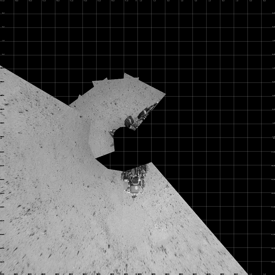 NASA's Mars rover Curiosity took 10 images in Gale Crater using its mast-mounted Left Navigation Camera (Navcam) to create this mosaic. The seam-corrected mosaic provides a vertical projection of the Martian surface near the rover, covering an area of 20 meters (north/south) by 20 meters (east/west). North is up in the image. This projection provides an overhead view, but introduces distortion for items not on the surface, such as large rocks and the rover itself.  Curiosity took the images on July 27, 2013, Sol 345 of the Mars Science Laboratory mission at drive 288, site number 10. The local mean solar time for the image exposures was 1 PM. Each Navcam image has a 45-degree field of view. CREDIT: NASA/JPL-Caltech