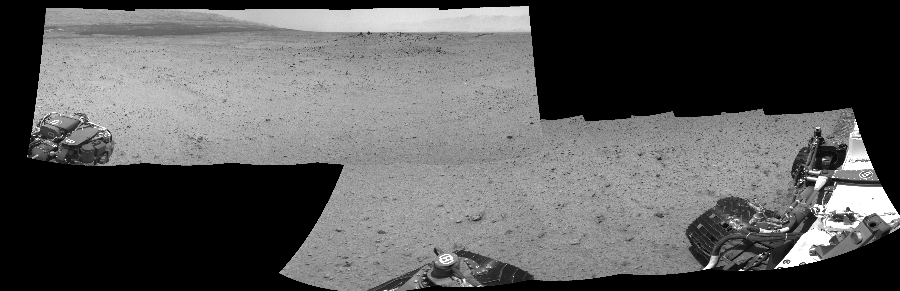 NASA's Mars rover Curiosity took 10 images in Gale Crater using its mast-mounted Right Navigation Camera (Navcam) to create this mosaic. The seam-corrected mosaic provides a 297-degree cylindrical-perspective projection panorama of the Martian surface suitable for stereo viewing, centered at 38 degrees azimuth (measured clockwise from north). This single-eye view must be combined with the partner left image to be viewed in stereo.  Curiosity took the images on July 27, 2013, Sol 345 of the Mars Science Laboratory mission at drive 288, site number 10. The local mean solar time for the image exposures was 1 PM. Each Navcam image has a 45-degree field of view. CREDIT: NASA/JPL-Caltech