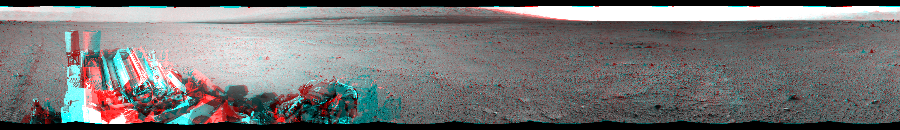 NASA's Mars rover Curiosity took 12 image pairs in Gale Crater using its mast-mounted Navigation Camera (Navcam) to create this mosaic. The seam-corrected mosaic provides a 360-degree cylindrical perspective projection panorama of the Martian surface suitable for stereo viewing, centered at 331 degrees azimuth (measured clockwise from north). This anaglyph must be viewed with red/blue glasses (red over left eye).  Curiosity took the images on July 31, 2013, Sol 349 of the Mars Science Laboratory mission at drive 0, site number 11. The local mean solar time for the image exposures was 5 PM. Each Navcam image has a 45-degree field of view. CREDIT: NASA/JPL-Caltech