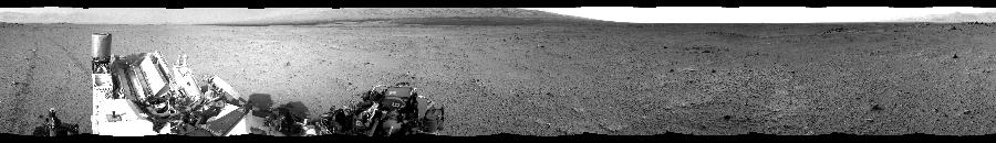 NASA's Mars rover Curiosity took 12 images in Gale Crater using its mast-mounted Left Navigation Camera (Navcam) to create this mosaic. The seam-corrected mosaic provides a 360-degree cylindrical-perspective projection panorama of the Martian surface suitable for stereo viewing, centered at 331 degrees azimuth (measured clockwise from north). This single-eye view must be combined with the partner right image to be viewed in stereo.  Curiosity took the images on July 31, 2013, Sol 349 of the Mars Science Laboratory mission at drive 0, site number 11. The local mean solar time for the image exposures was 5 PM. Each Navcam image has a 45-degree field of view. CREDIT: NASA/JPL-Caltech