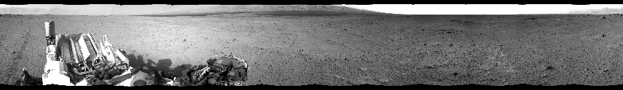 NASA's Mars rover Curiosity took 12 images in Gale Crater using its mast-mounted Right Navigation Camera (Navcam) to create this mosaic. The seam-corrected mosaic provides a 360-degree cylindrical-perspective projection panorama of the Martian surface suitable for stereo viewing, centered at 326 degrees azimuth (measured clockwise from north). This single-eye view must be combined with the partner left image to be viewed in stereo.  Curiosity took the images on July 31, 2013, Sol 349 of the Mars Science Laboratory mission at drive 0, site number 11. The local mean solar time for the image exposures was 5 PM. Each Navcam image has a 45-degree field of view. CREDIT: NASA/JPL-Caltech