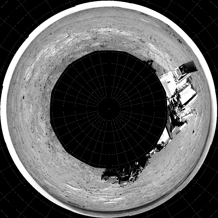 NASA's Mars rover Curiosity took 12 images in Gale Crater using its mast-mounted Left Navigation Camera (Navcam) to create this mosaic. The seam-corrected mosaic provides a polar stereographic projection panorama of the Martian surface with 0 degrees azimuth (measured clockwise from north) at the top of the image. Curiosity took the images on August 02, 2013, Sol 351 of the Mars Science Laboratory mission at drive 302, site number 11. The local mean solar time for the image exposures was 1 PM. Each Navcam image has a 45-degree field of view. CREDIT: NASA/JPL-Caltech