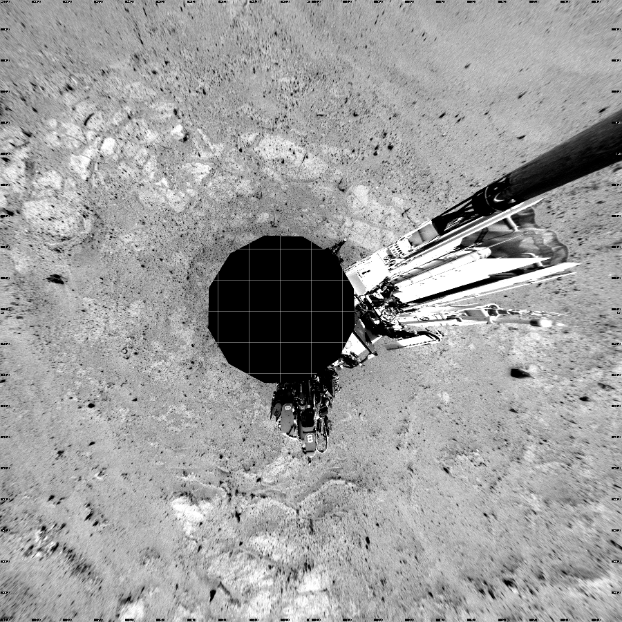NASA's Mars rover Curiosity took 12 images in Gale Crater using its mast-mounted Left Navigation Camera (Navcam) to create this mosaic. The seam-corrected mosaic provides a vertical projection of the Martian surface near the rover, covering an area of 20 meters (north/south) by 20 meters (east/west). North is up in the image. This projection provides an overhead view, but introduces distortion for items not on the surface, such as large rocks and the rover itself.  Curiosity took the images on August 02, 2013, Sol 351 of the Mars Science Laboratory mission at drive 302, site number 11. The local mean solar time for the image exposures was 1 PM. Each Navcam image has a 45-degree field of view. CREDIT: NASA/JPL-Caltech