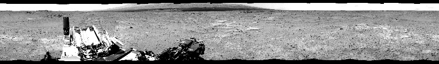 NASA's Mars rover Curiosity took 12 images in Gale Crater using its mast-mounted Right Navigation Camera (Navcam) to create this mosaic. The seam-corrected mosaic provides a 360-degree cylindrical-perspective projection panorama of the Martian surface suitable for stereo viewing, centered at 302 degrees azimuth (measured clockwise from north). This single-eye view must be combined with the partner left image to be viewed in stereo.  Curiosity took the images on August 02, 2013, Sol 351 of the Mars Science Laboratory mission at drive 302, site number 11. The local mean solar time for the image exposures was 1 PM. Each Navcam image has a 45-degree field of view. CREDIT: NASA/JPL-Caltech