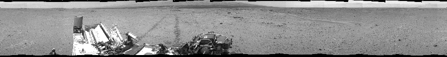 NASA's Mars rover Curiosity took 12 images in Gale Crater using its mast-mounted Left Navigation Camera (Navcam) to create this mosaic. The seam-corrected mosaic provides a 360-degree cylindrical projection panorama of the Martian surface centered at 180 degrees azimuth (measured clockwise from north). Curiosity took the images on August 05, 2013, Sol 354 of the Mars Science Laboratory mission at drive 522, site number 11. The local mean solar time for the image exposures was 2 PM. Each Navcam image has a 45 degree field of view. CREDIT: NASA/JPL-Caltech