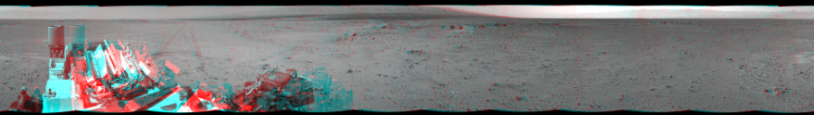NASA's Mars rover Curiosity took 12 image pairs in Gale Crater using its mast-mounted Navigation Camera (Navcam) to create this mosaic. The seam-corrected mosaic provides a 360-degree cylindrical perspective projection panorama of the Martian surface suitable for stereo viewing, centered at 335 degrees azimuth (measured clockwise from north). This anaglyph must be viewed with red/blue glasses (red over left eye).  Curiosity took the images on August 07, 2013, Sol 356 of the Mars Science Laboratory mission at drive 748, site number 11. The local mean solar time for the image exposures was 3 PM. Each Navcam image has a 45-degree field of view. CREDIT: NASA/JPL-Caltech