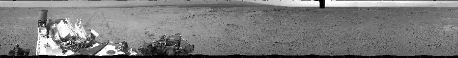 NASA's Mars rover Curiosity took 12 images in Gale Crater using its mast-mounted Left Navigation Camera (Navcam) to create this mosaic. The seam-corrected mosaic provides a 360-degree cylindrical projection panorama of the Martian surface centered at 180 degrees azimuth (measured clockwise from north). Curiosity took the images on August 07, 2013, Sol 356 of the Mars Science Laboratory mission at drive 748, site number 11. The local mean solar time for the image exposures was 3 PM. Each Navcam image has a 45 degree field of view. CREDIT: NASA/JPL-Caltech