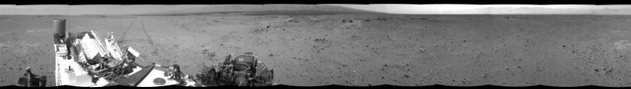 NASA's Mars rover Curiosity took 12 images in Gale Crater using its mast-mounted Left Navigation Camera (Navcam) to create this mosaic. The seam-corrected mosaic provides a 360-degree cylindrical-perspective projection panorama of the Martian surface suitable for stereo viewing, centered at 335 degrees azimuth (measured clockwise from north). This single-eye view must be combined with the partner right image to be viewed in stereo.  Curiosity took the images on August 07, 2013, Sol 356 of the Mars Science Laboratory mission at drive 748, site number 11. The local mean solar time for the image exposures was 3 PM. Each Navcam image has a 45-degree field of view. CREDIT: NASA/JPL-Caltech