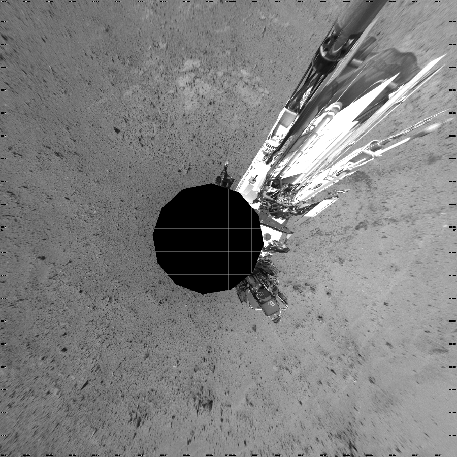 NASA's Mars rover Curiosity took 12 images in Gale Crater using its mast-mounted Left Navigation Camera (Navcam) to create this mosaic. The seam-corrected mosaic provides a vertical projection of the Martian surface near the rover, covering an area of 20 meters (north/south) by 20 meters (east/west). North is up in the image. This projection provides an overhead view, but introduces distortion for items not on the surface, such as large rocks and the rover itself.  Curiosity took the images on August 07, 2013, Sol 356 of the Mars Science Laboratory mission at drive 748, site number 11. The local mean solar time for the image exposures was 3 PM. Each Navcam image has a 45-degree field of view. CREDIT: NASA/JPL-Caltech