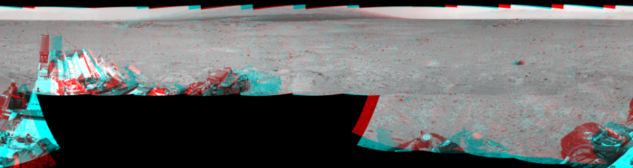 NASA's Mars rover Curiosity took 17 image pairs in Gale Crater using its mast-mounted Navigation Camera (Navcam) to create this mosaic. The seam-corrected mosaic provides a 360-degree cylindrical perspective projection panorama of the Martian surface suitable for stereo viewing, centered at 337 degrees azimuth (measured clockwise from north). This anaglyph must be viewed with red/blue glasses (red over left eye). Curiosity took the images on August 12, 2013, Sol 361 of the Mars Science Laboratory mission at drive 244, site number 12. The local mean solar time for the image exposures was from 1 PM to 2 PM. Each Navcam image has a 45-degree field of view. CREDIT: NASA/JPL-Caltech