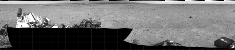 NASA's Mars rover Curiosity took 17 images in Gale Crater using its mast-mounted Left Navigation Camera (Navcam) to create this mosaic. The seam-corrected mosaic provides a 360-degree cylindrical projection panorama of the Martian surface centered at 180 degrees azimuth (measured clockwise from north). Curiosity took the images on August 12, 2013, Sol 361 of the Mars Science Laboratory mission at drive 244, site number 12. The local mean solar time for the image exposures was from 1 PM to 2 PM. Each Navcam image has a 45 degree field of view. CREDIT: NASA/JPL-Caltech