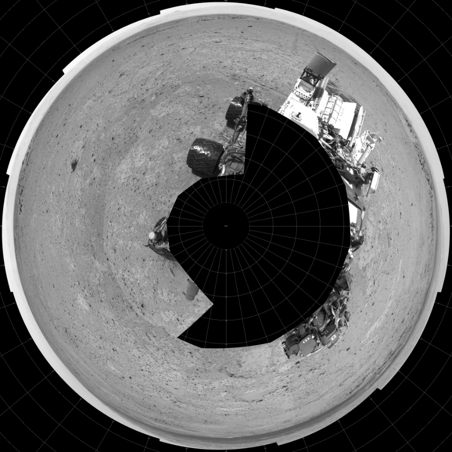 NASA's Mars rover Curiosity took 17 images in Gale Crater using its mast-mounted Left Navigation Camera (Navcam) to create this mosaic. The seam-corrected mosaic provides a polar stereographic projection panorama of the Martian surface with 0 degrees azimuth (measured clockwise from north) at the top of the image. Curiosity took the images on August 12, 2013, Sol 361 of the Mars Science Laboratory mission at drive 244, site number 12. The local mean solar time for the image exposures was from 1 PM to 2 PM. Each Navcam image has a 45-degree field of view. CREDIT: NASA/JPL-Caltech