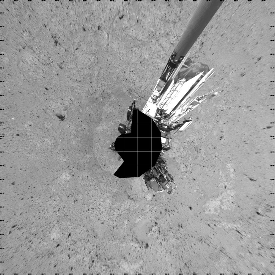 NASA's Mars rover Curiosity took 17 images in Gale Crater using its mast-mounted Left Navigation Camera (Navcam) to create this mosaic. The seam-corrected mosaic provides a vertical projection of the Martian surface near the rover, covering an area of 20 meters (north/south) by 20 meters (east/west). North is up in the image. This projection provides an overhead view, but introduces distortion for items not on the surface, such as large rocks and the rover itself. Curiosity took the images on August 12, 2013, Sol 361 of the Mars Science Laboratory mission at drive 244, site number 12. The local mean solar time for the image exposures was from 1 PM to 2 PM. Each Navcam image has a 45-degree field of view. CREDIT: NASA/JPL-Caltech