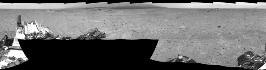 NASA's Mars rover Curiosity took 17 images in Gale Crater using its mast-mounted Right Navigation Camera (Navcam) to create this mosaic. The seam-corrected mosaic provides a 360-degree cylindrical-perspective projection panorama of the Martian surface suitable for stereo viewing, centered at 330 degrees azimuth (measured clockwise from north). This single-eye view must be combined with the partner left image to be viewed in stereo.  Curiosity took the images on August 12, 2013, Sol 361 of the Mars Science Laboratory mission at drive 244, site number 12. The local mean solar time for the image exposures was from 1 PM to 2 PM. Each Navcam image has a 45-degree field of view. CREDIT: NASA/JPL-Caltech