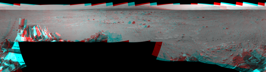 NASA's Mars rover Curiosity took 17 image pairs in Gale Crater using its mast-mounted Navigation Camera (Navcam) to create this mosaic. The seam-corrected mosaic provides a 360-degree cylindrical perspective projection panorama of the Martian surface suitable for stereo viewing, centered at 335 degrees azimuth (measured clockwise from north). This anaglyph must be viewed with red/blue glasses (red over left eye).  Curiosity took the images on August 22, 2013, Sol 371 of the Mars Science Laboratory mission at drive 974, site number 13. The local mean solar time for the image exposures was from 2 PM to 3 PM. Each Navcam image has a 45-degree field of view. CREDIT: NASA/JPL-Caltech