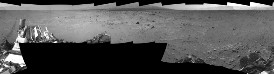 NASA's Mars rover Curiosity took 17 images in Gale Crater using its mast-mounted Right Navigation Camera (Navcam) to create this mosaic. The seam-corrected mosaic provides a 0-degree cylindrical-perspective projection panorama of the Martian surface suitable for stereo viewing, centered at 145 degrees azimuth (measured clockwise from north). This single-eye view must be combined with the partner left image to be viewed in stereo.  Curiosity took the images on August 22, 2013, Sol 371 of the Mars Science Laboratory mission at drive 974, site number 13. The local mean solar time for the image exposures was from 2 PM to 3 PM. Each Navcam image has a 45-degree field of view. CREDIT: NASA/JPL-Caltech