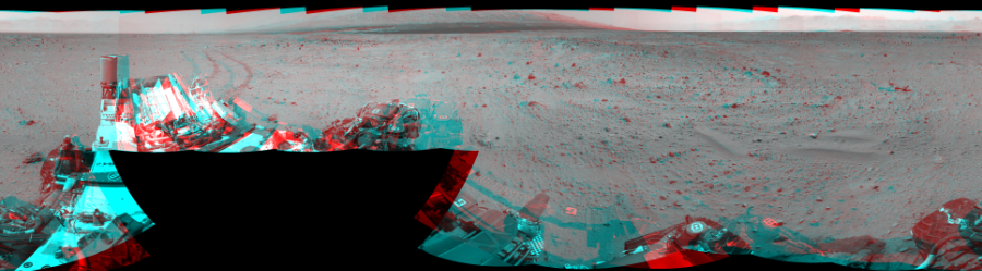 NASA's Mars rover Curiosity took 19 image pairs in Gale Crater using its mast-mounted Navigation Camera (Navcam) to create this mosaic. The seam-corrected mosaic provides a 360-degree cylindrical perspective projection panorama of the Martian surface suitable for stereo viewing, centered at 324 degrees azimuth (measured clockwise from north). This anaglyph must be viewed with red/blue glasses (red over left eye).  Curiosity took the images on August 23, 2013, Sol 372 of the Mars Science Laboratory mission at drive 0, site number 14. The local mean solar time for the image exposures was 2 PM. Each Navcam image has a 45-degree field of view. CREDIT: NASA/JPL-Caltech