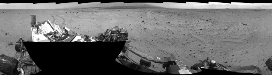 NASA's Mars rover Curiosity took 19 images in Gale Crater using its mast-mounted Left Navigation Camera (Navcam) to create this mosaic. The seam-corrected mosaic provides a 360-degree cylindrical-perspective projection panorama of the Martian surface suitable for stereo viewing, centered at 324 degrees azimuth (measured clockwise from north). This single-eye view must be combined with the partner right image to be viewed in stereo. Curiosity took the images on August 23, 2013, Sol 372 of the Mars Science Laboratory mission at drive 0, site number 14. The local mean solar time for the image exposures was 2 PM. Each Navcam image has a 45-degree field of view. CREDIT: NASA/JPL-Caltech