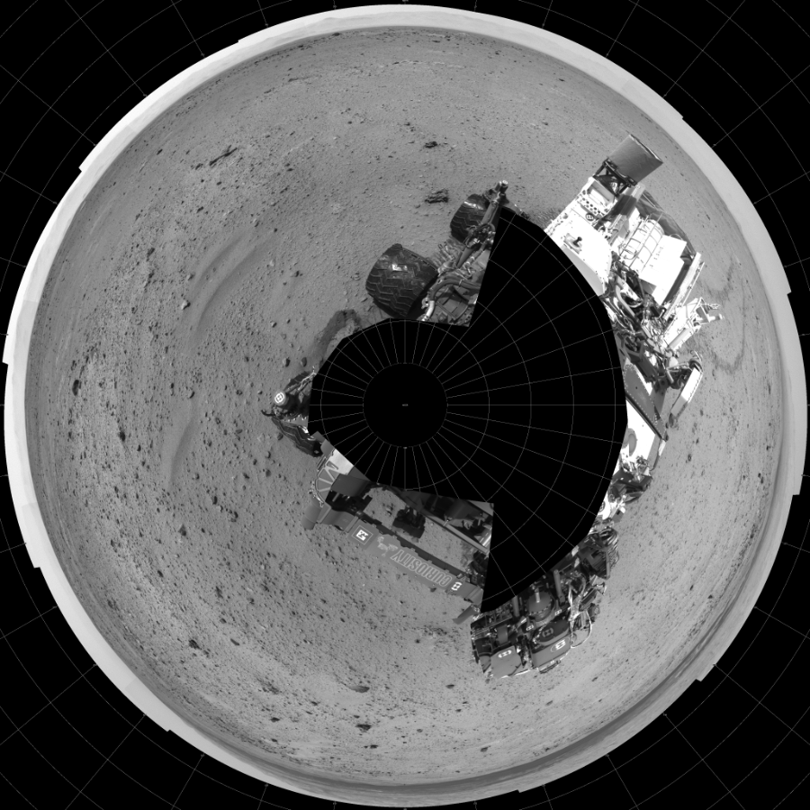 NASA's Mars rover Curiosity took 19 images in Gale Crater using its mast-mounted Left Navigation Camera (Navcam) to create this mosaic. The seam-corrected mosaic provides a polar stereographic projection panorama of the Martian surface with 0 degrees azimuth (measured clockwise from north) at the top of the image. Curiosity took the images on August 23, 2013, Sol 372 of the Mars Science Laboratory mission at drive 0, site number 14. The local mean solar time for the image exposures was 2 PM. Each Navcam image has a 45-degree field of view. CREDIT: NASA/JPL-Caltech