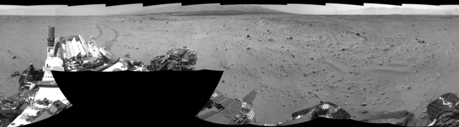 NASA's Mars rover Curiosity took 19 images in Gale Crater using its mast-mounted Right Navigation Camera (Navcam) to create this mosaic. The seam-corrected mosaic provides a 360-degree cylindrical-perspective projection panorama of the Martian surface suitable for stereo viewing, centered at 315 degrees azimuth (measured clockwise from north). This single-eye view must be combined with the partner left image to be viewed in stereo.  Curiosity took the images on August 23, 2013, Sol 372 of the Mars Science Laboratory mission at drive 0, site number 14. The local mean solar time for the image exposures was 2 PM. Each Navcam image has a 45-degree field of view. CREDIT: NASA/JPL-Caltech