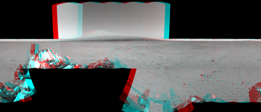 NASA's Mars rover Curiosity took 24 image pairs in Gale Crater using its mast-mounted Navigation Camera (Navcam) to create this mosaic. The seam-corrected mosaic provides a 360-degree cylindrical perspective projection panorama of the Martian surface suitable for stereo viewing, centered at 317 degrees azimuth (measured clockwise from north). This anaglyph must be viewed with red/blue glasses (red over left eye).  Curiosity took the images on August 30, 2013, Sol 378 of the Mars Science Laboratory mission at drive 1132, site number 14. The local mean solar time for the image exposures was from 1 PM to 2 PM. Each Navcam image has a 45-degree field of view. CREDIT: NASA/JPL-Caltech