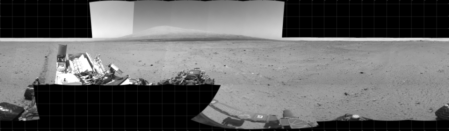 NASA's Mars rover Curiosity took 24 images in Gale Crater using its mast-mounted Left Navigation Camera (Navcam) to create this mosaic. The seam-corrected mosaic provides a 360-degree cylindrical projection panorama of the Martian surface centered at 180 degrees azimuth (measured clockwise from north). Curiosity took the images on August 30, 2013, Sol 378 of the Mars Science Laboratory mission at drive 1132, site number 14. The local mean solar time for the image exposures was from 1 PM to 2 PM. Each Navcam image has a 45 degree field of view. CREDIT: NASA/JPL-Caltech