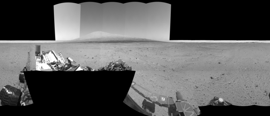 NASA's Mars rover Curiosity took 24 images in Gale Crater using its mast-mounted Left Navigation Camera (Navcam) to create this mosaic. The seam-corrected mosaic provides a 360-degree cylindrical-perspective projection panorama of the Martian surface suitable for stereo viewing, centered at 317 degrees azimuth (measured clockwise from north). This single-eye view must be combined with the partner right image to be viewed in stereo.  Curiosity took the images on August 30, 2013, Sol 378 of the Mars Science Laboratory mission at drive 1132, site number 14. The local mean solar time for the image exposures was from 1 PM to 2 PM. Each Navcam image has a 45-degree field of view. CREDIT: NASA/JPL-Caltech