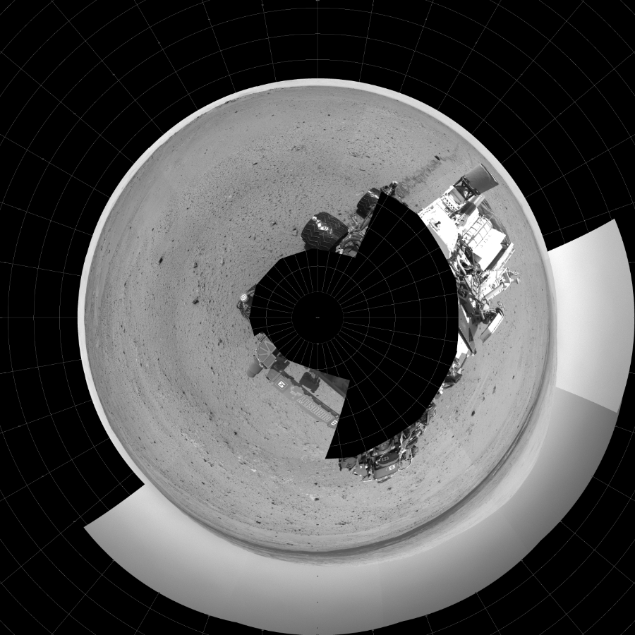 NASA's Mars rover Curiosity took 24 images in Gale Crater using its mast-mounted Left Navigation Camera (Navcam) to create this mosaic. The seam-corrected mosaic provides a polar stereographic projection panorama of the Martian surface with 0 degrees azimuth (measured clockwise from north) at the top of the image. Curiosity took the images on August 30, 2013, Sol 378 of the Mars Science Laboratory mission at drive 1132, site number 14. The local mean solar time for the image exposures was from 1 PM to 2 PM. Each Navcam image has a 45-degree field of view. CREDIT: NASA/JPL-Caltech