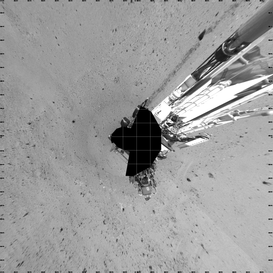 NASA's Mars rover Curiosity took 24 images in Gale Crater using its mast-mounted Left Navigation Camera (Navcam) to create this mosaic. The seam-corrected mosaic provides a vertical projection of the Martian surface near the rover, covering an area of 20 meters (north/south) by 20 meters (east/west). North is up in the image. This projection provides an overhead view, but introduces distortion for items not on the surface, such as large rocks and the rover itself.  Curiosity took the images on August 30, 2013, Sol 378 of the Mars Science Laboratory mission at drive 1132, site number 14. The local mean solar time for the image exposures was from 1 PM to 2 PM. Each Navcam image has a 45-degree field of view. CREDIT: NASA/JPL-Caltech