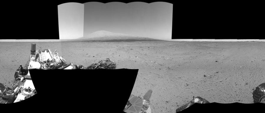NASA's Mars rover Curiosity took 24 images in Gale Crater using its mast-mounted Right Navigation Camera (Navcam) to create this mosaic. The seam-corrected mosaic provides a 360-degree cylindrical-perspective projection panorama of the Martian surface suitable for stereo viewing, centered at 310 degrees azimuth (measured clockwise from north). This single-eye view must be combined with the partner left image to be viewed in stereo. Curiosity took the images on August 30, 2013, Sol 378 of the Mars Science Laboratory mission at drive 1132, site number 14. The local mean solar time for the image exposures was from 1 PM to 2 PM. Each Navcam image has a 45-degree field of view. CREDIT: NASA/JPL-Caltech