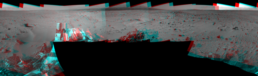 NASA's Mars rover Curiosity took 17 image pairs in Gale Crater using its mast-mounted Navigation Camera (Navcam) to create this mosaic. The seam-corrected mosaic provides a 360-degree cylindrical perspective projection panorama of the Martian surface suitable for stereo viewing, centered at 278 degrees azimuth (measured clockwise from north). This anaglyph must be viewed with red/blue glasses (red over left eye).  Curiosity took the images on September 23, 2013, Sol 402 of the Mars Science Laboratory mission at drive 328, site number 16. The local mean solar time for the image exposures was from 4 PM to 12 PM. Each Navcam image has a 45-degree field of view. CREDIT: NASA/JPL-Caltech
