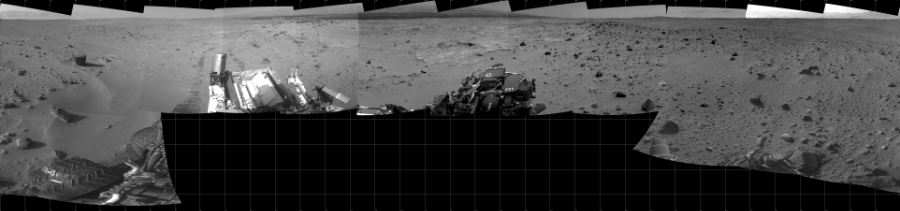 NASA's Mars rover Curiosity took 17 images in Gale Crater using its mast-mounted Left Navigation Camera (Navcam) to create this mosaic. The seam-corrected mosaic provides a 360-degree cylindrical projection panorama of the Martian surface centered at 180 degrees azimuth (measured clockwise from north). Curiosity took the images on September 23, 2013, Sol 402 of the Mars Science Laboratory mission at drive 328, site number 16. The local mean solar time for the image exposures was from 4 PM to 12 PM. Each Navcam image has a 45 degree field of view. CREDIT: NASA/JPL-Caltech