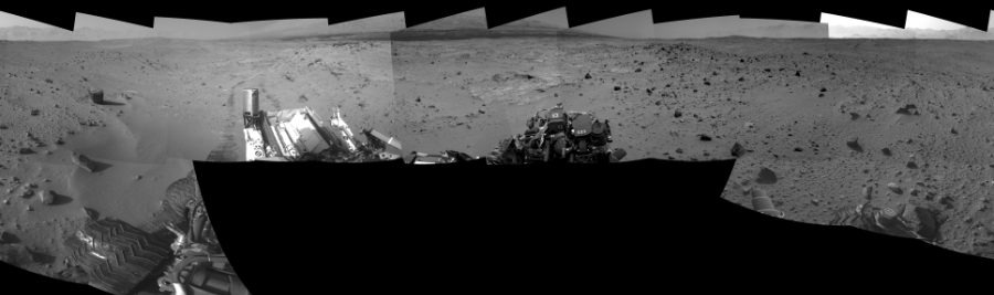 NASA's Mars rover Curiosity took 17 images in Gale Crater using its mast-mounted Left Navigation Camera (Navcam) to create this mosaic. The seam-corrected mosaic provides a 360-degree cylindrical-perspective projection panorama of the Martian surface suitable for stereo viewing, centered at 278 degrees azimuth (measured clockwise from north). This single-eye view must be combined with the partner right image to be viewed in stereo.  Curiosity took the images on September 23, 2013, Sol 402 of the Mars Science Laboratory mission at drive 328, site number 16. The local mean solar time for the image exposures was from 4 PM to 12 PM. Each Navcam image has a 45-degree field of view. CREDIT: NASA/JPL-Caltech