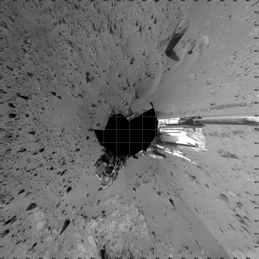 NASA's Mars rover Curiosity took 17 images in Gale Crater using its mast-mounted Left Navigation Camera (Navcam) to create this mosaic. The seam-corrected mosaic provides a vertical projection of the Martian surface near the rover, covering an area of 20 meters (north/south) by 20 meters (east/west). North is up in the image. This projection provides an overhead view, but introduces distortion for items not on the surface, such as large rocks and the rover itself.  Curiosity took the images on September 23, 2013, Sol 402 of the Mars Science Laboratory mission at drive 328, site number 16. The local mean solar time for the image exposures was from 4 PM to 12 PM. Each Navcam image has a 45-degree field of view. CREDIT: NASA/JPL-Caltech